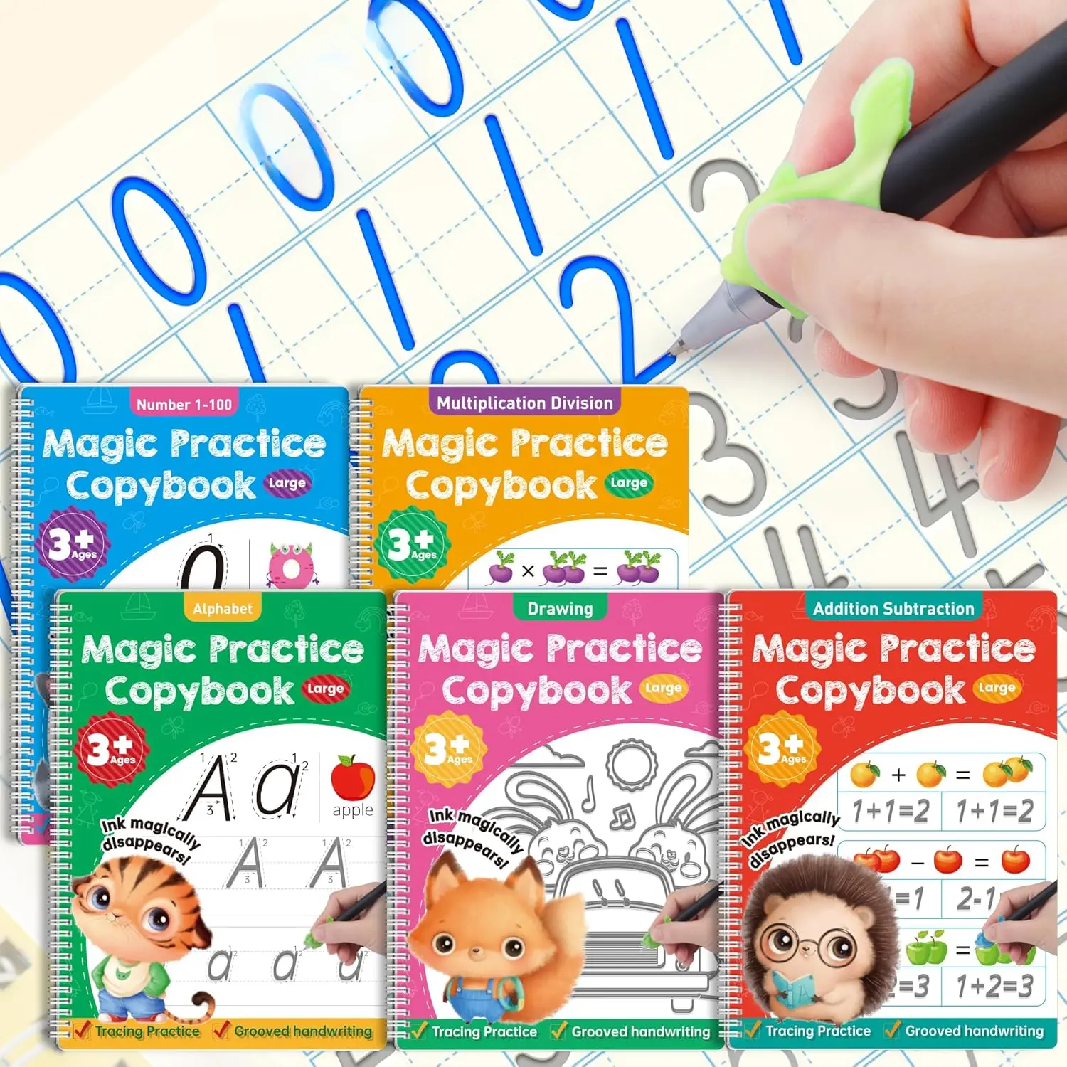 Large Magic Grooved Practice Copybook 5 Pack with Pens,  's Magic Copybooks, Magical Handwriting Workbooks Number Letter Tracing for   3-8   Calligraphy