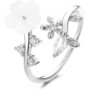 Rose Flower and Leaf Ring for Women, Fade-Proof Cubic Zirconia Wreath Ring, Adjustable Floral Band Jewelry, Birthday Gift for Her