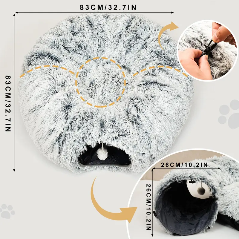 Winter Warm Pet Bed, 2 in 1 Foldable Cat Tunnel Cat Bed, Warm Plush Cat Bed with Hanging Ball & Tunnel Buckle, Pet Supplies for Indoor Outdoor Use 1