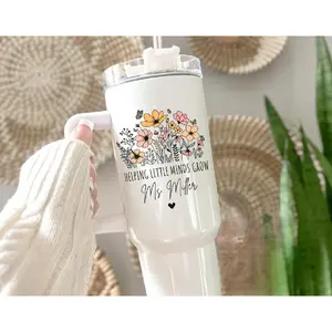 Personalized Teacher 40oz Tumbler with Handle – "Helping Little Minds Grow" Floral Cup, Custom Educator Gift.