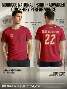 2026 Morocco Soccer Jersey Men's National Team Shirt, Breathable Mesh Training T-Shirt, Moisture-Wicking Sportswear, Morocco Fan Gear
