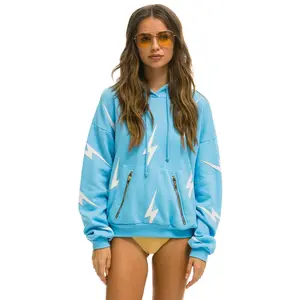 BOLT STITCH REPEAT RELAXED PULLOVER HOODIE WITH POCKET ZIPPERS - SKY // WHITE