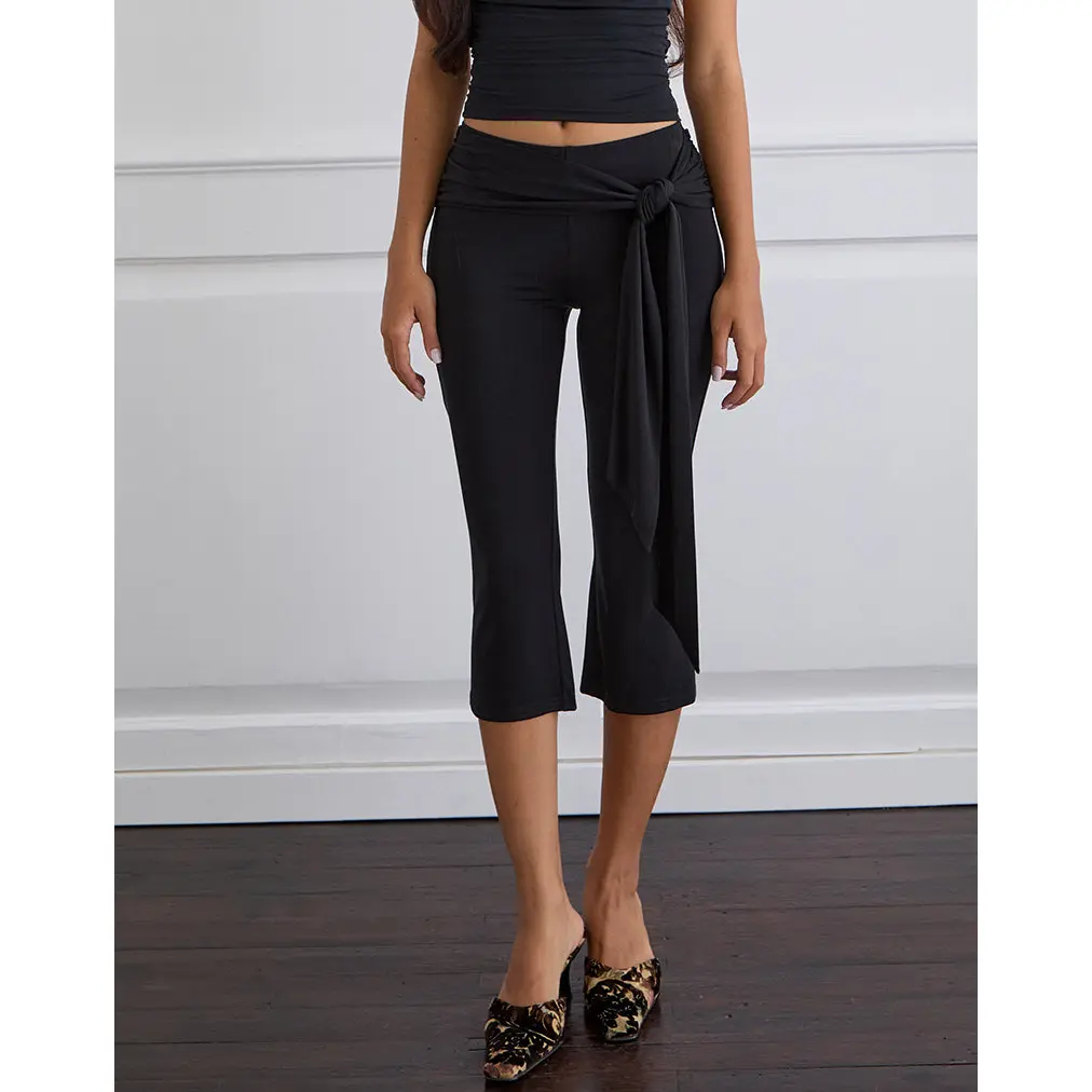 Motelrocks Effy Women's Cupro Capri Pants in Black, Low-Waisted Style with an Adjustable Wrap Tie and Cropped Fit, Trouser