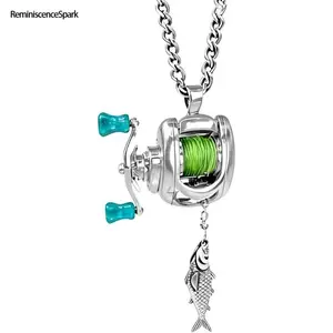 2-Pack Mini Rotating Fishing Reel Pendant Necklace with Real Moving Line Guide | Functional Novelty Fishing Themed Jewelry | Trendy Cool Accessory Ideal for Fishermen Anglers and Outdoor Fishing Enthusiasts