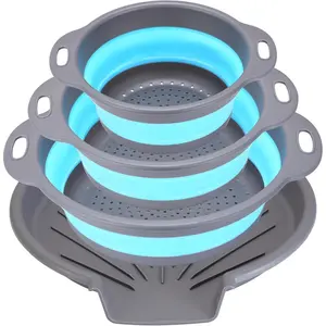 Collapsible Colander Set with  Draining Tray | 3-Pack Foldable Kitchen Strainers + Base | Space Saving for Pasta, Veggies, Fruit & Rice | 5 Colors (Gray-Blue)