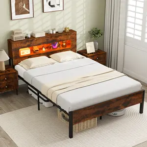 COSTWAY - Slatted Full Bed Frame with LED Lights and Storage Headboard No Box Spring Needed-Full Size