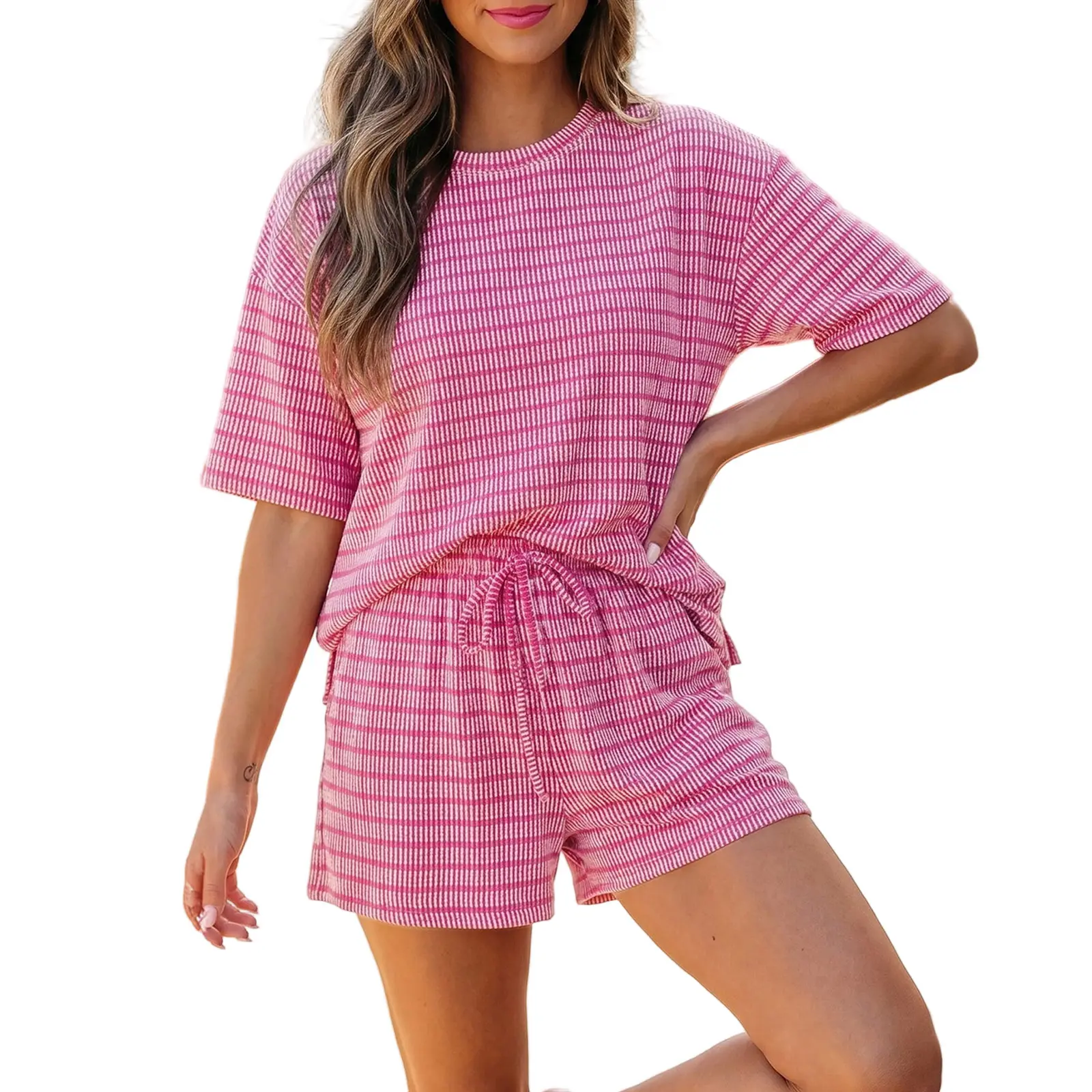 Asvivid Women's Rose Stripe Raised Rib Comfortable Short-Sleeve Loose Tee Set - 2-Piece Lounge Set with Drawstring Elastic Waist, Everyday Fit, for Vacation & Streetwear (Womenswear), 2 Piece Sets, Woman 2 Piece Set