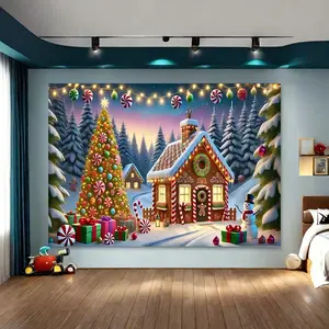 1pc Christmas party banner, made of polyester material, Christmas gingerbread house background picture, suitable for indoor and outdoor decoration, festival decoration, Christmas party decoration, photography background decoration