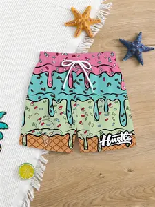 Boys Summer Fashion Shorts Beach Pants, Multi-Layer Ice Cream Cone Print, Adjustable Drawstring Waistband, Casual Outdoor Activities