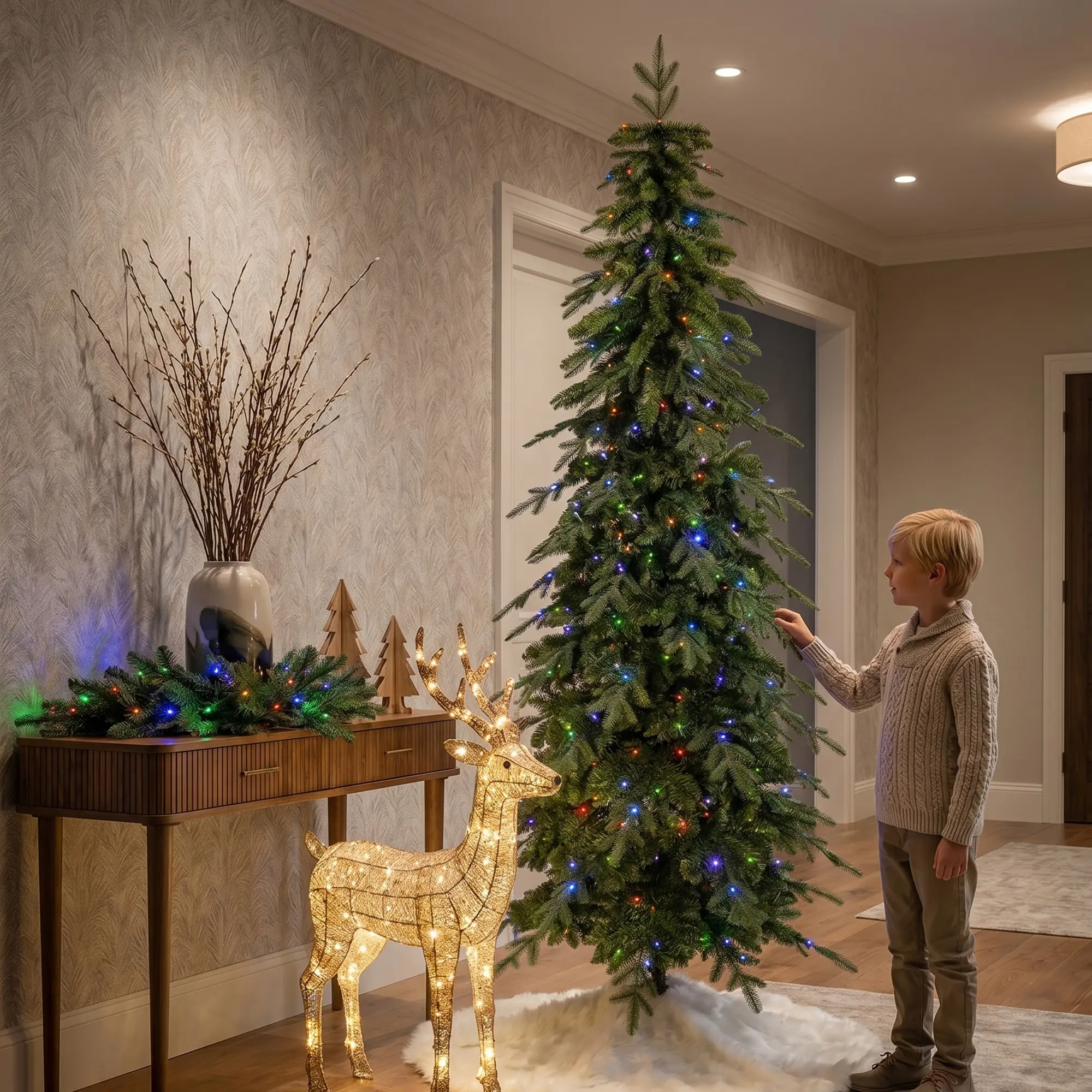 Glitzhome 7.5ft/9ft/11ft/15ft Pre-Lit Green Pencil Spruce Artificial Christmas Tree with Warm White and Multi-color Lights, 9 Function with Foot Pedal and Remote