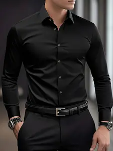 Men's Stylish Solid Button-Up Shirt Formal Dress Shirts for Casual Parties & Events, Long Sleeve Fitted Design for All Seasons, Breathable &