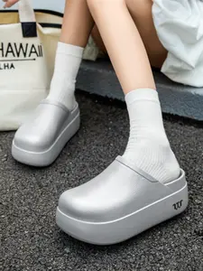 Thick Sole Slip-On Sandals, Silver Color Mid Heel, Lightweight Eva Material, Casual Style, All-Season Wear, Versatile Commuter Shoes