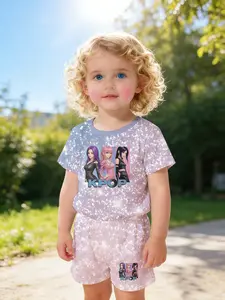 Glitter Star Dream Girl Set Digital Printed 100% Polyester Baby Short Sleeve Set, Cute Casual Clothing for Baby Girls, Perfect for Daily and Outdoor T-shirts, an Ideal Gift for Babies and Toddlers, Baby Girl Clothes