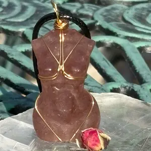 Strawberry Quartz Wire Wrapped Goddess Pendant on Leather Cord Necklace - Handcrafted with Copper Wire and Black Leather Cord