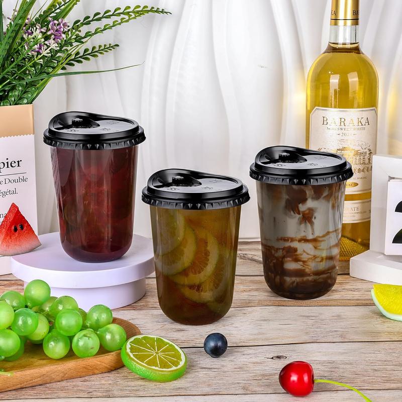 ZAKA MY KITCHEN 50 Pack 16oz Black Plastic Cups with Lids, Disposable Round Bottom Stemless Glasses with Sip Lids, To Go Iced Coffee Drinking Cups for Halloween Party Wedding Catering Events