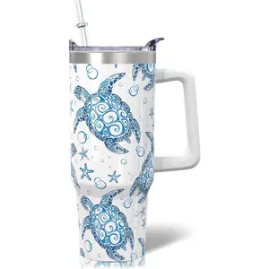30oz Stainless Steel Sea Turtle Tumbler with Lid and Straw - Ocean Insulated Turtle Cup for Women''s Gifts