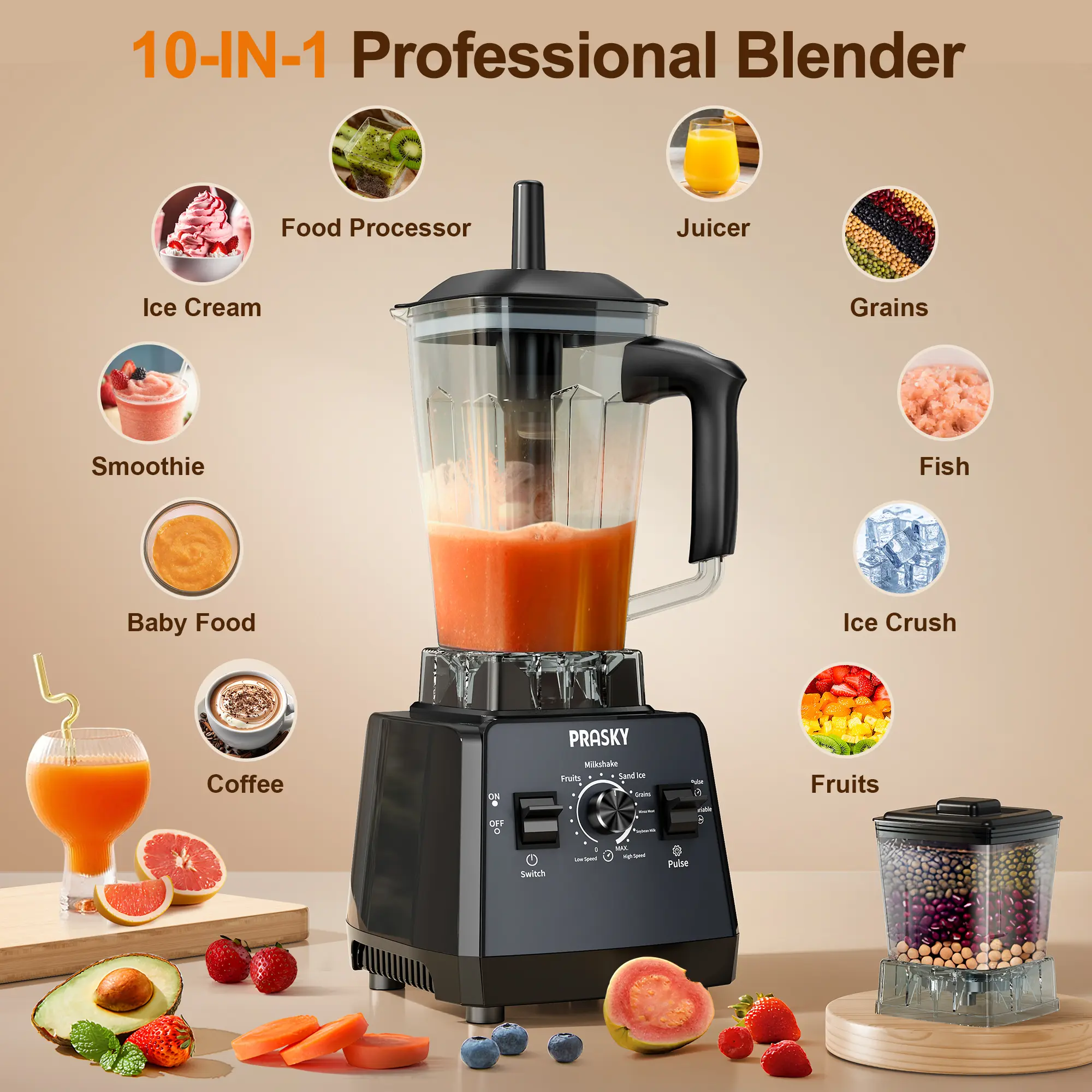 PRASKY Professional Countertop Blender - 10-in-1 Desktop Drink Mixer Combo, 2400W/1000W High Speed (25000 RPM), 68oz BPA-Free Grinder & Food Processor for Blender Shakes, Ice Crushing, Countertop Blenders