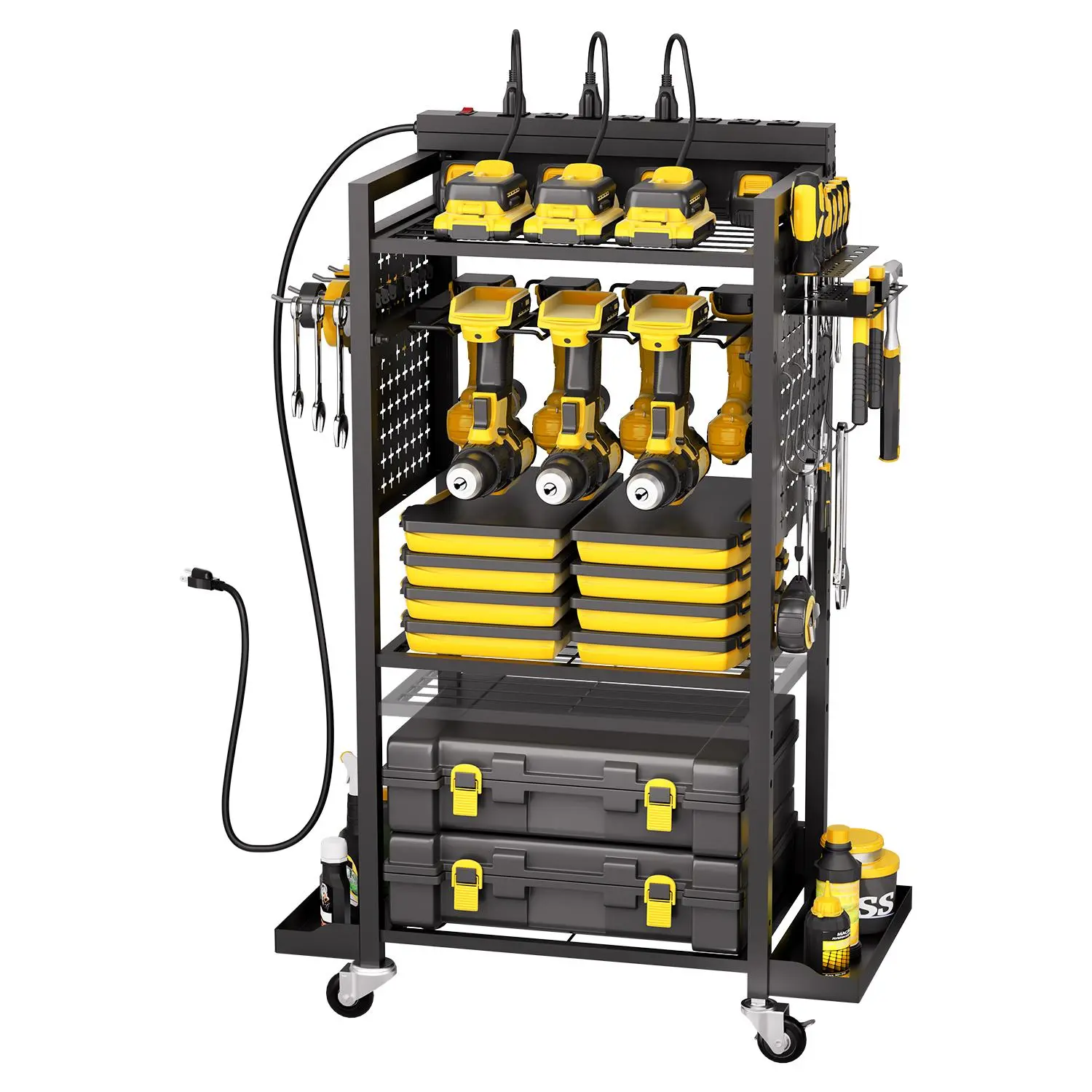 【Summerfinds】VEVOR Power Tool Organizer Cart, Heavy Duty Steel Frame 4-Tier Rolling Lockable Tool Storage with Charging Station, 8 AC Outlets, 360° Swivel Lock-Steady Wheels, Rust-Resist Coat, 150 lbs Capacity, Drill Slots, 3 Shelves for Workshop, Garage