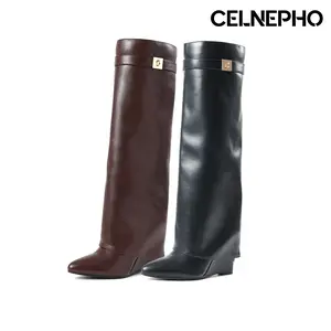 CELNEPHO Knee High Fold Over Boots for Women Pointed Toe Wedge Heel Metal Design Slouchy Booties Easy Pull on Party Wear Work Dress Shoes