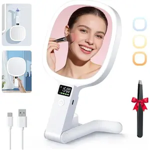 Travel Makeup Mirror with Lights, Double Sided 30X/1X Lighted Magnifying Mirror, LED Display & 3 Color & Dimmable Brightness, Rechargeable Portable  Mirror, Tabletop/Handheld/