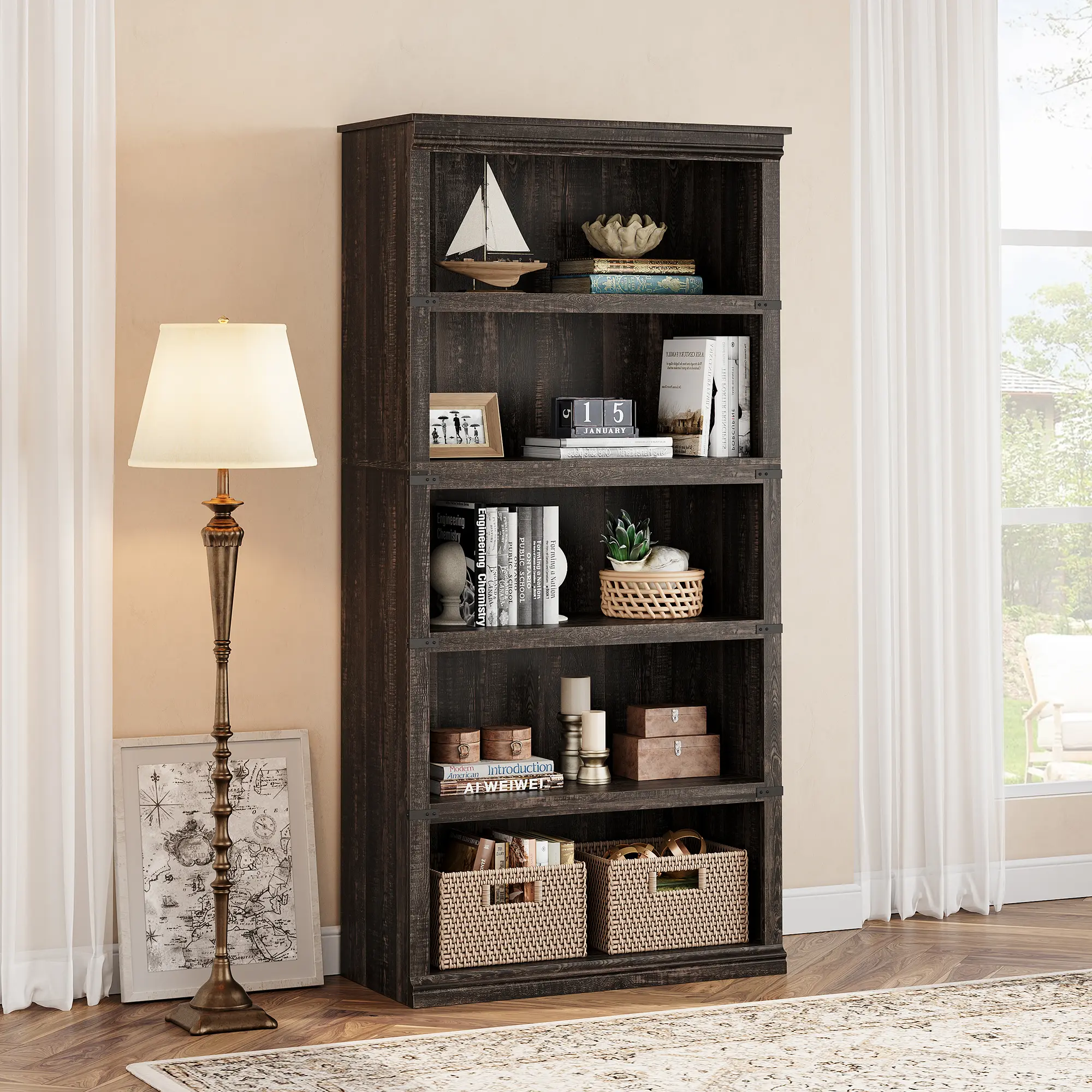 Multipurpose 5-Tier Wooden Bookcase, Tall Open Display Storage Shelf, Rustic Farmhouse Bookshelf Cabinet for Living Room, Home Office, Bedroom, Grey, Vintage, Cherry