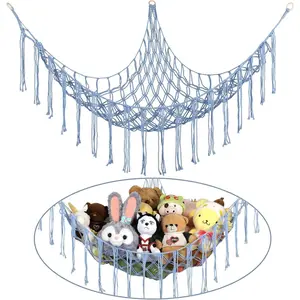 New Upgrade Stuffed Animal Hammock Corner, Hand-knitted Large Plushie Net Toy Hammock with Wooden Rings | Boho Cute Stuff Animal Storage for Nursery & Bedroom | Mesh Kids Toy Organizer Holder Nursery Room Decor