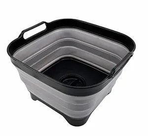 SAMMART 10L (2.64 Gallon) Collapsible Dishpan with Draining Plug - Foldable Washing Basin - Portable Dish Washing Tub - Space Saving Kitchen Storage Tray