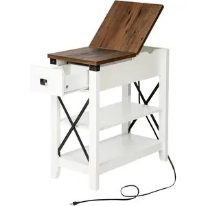 Narrow End Table with  Station - Farmhouse Slim Side Table, w/USB Ports Power Outlets, Nightstand w/Flip Top Storage Drawer, for Small Spaces Living Room Bedroom, Brown White