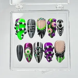 [FLASH SALE 50] Beetlejuice Halloween Press On Nails, Handmade 3D Nail Art with Green Purple Stripes, Spooky Gothic Beetlejuice Style