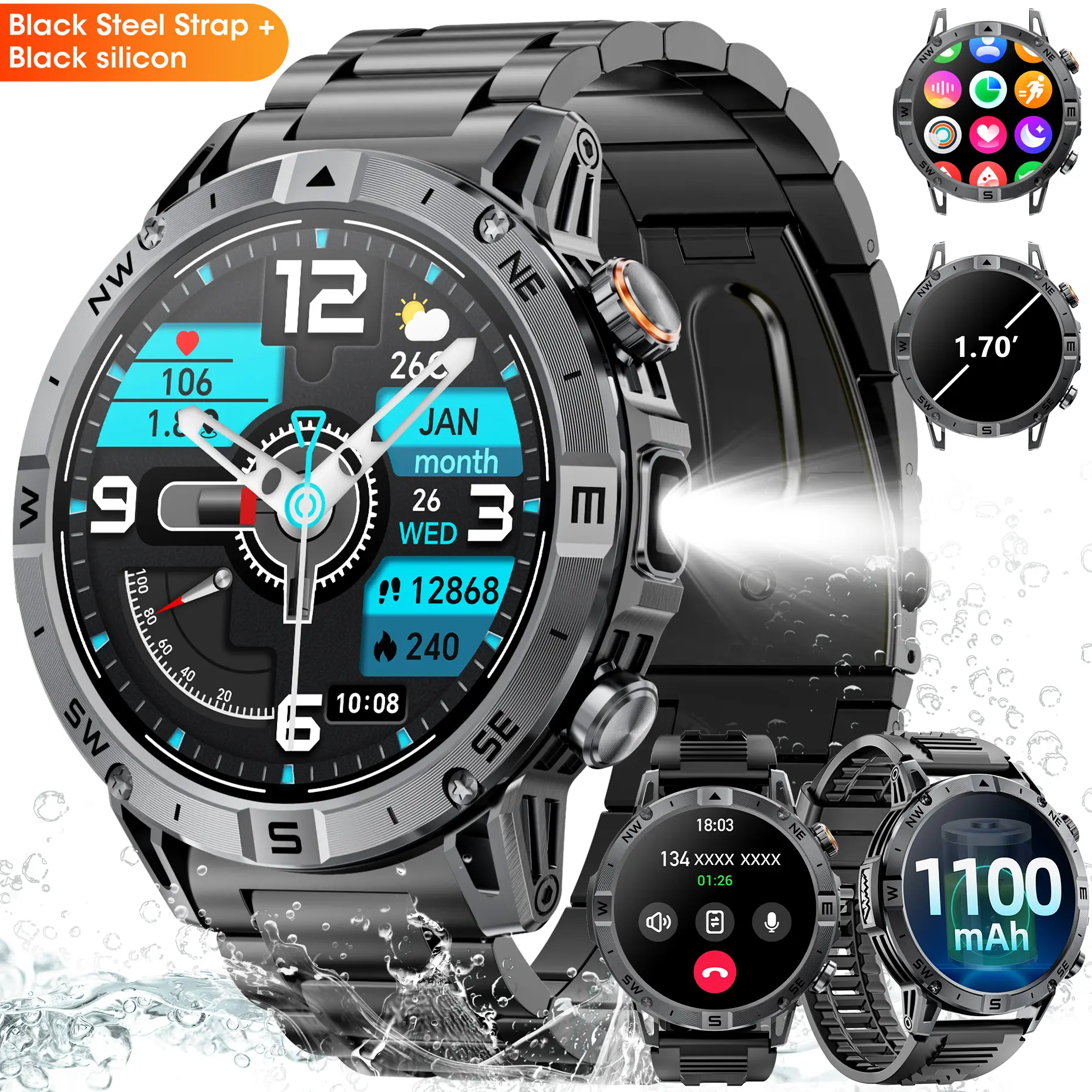 2026 Men’s Military-Style Smart Sports Watch - 1.7-Inch AMOLED HD Display, 1100mAh Battery, IP67 Water Resistance, Message Alerts, Sports Modes, Android/iOS Compatible, Hiking Outdoor Gadget, Cool Gift for Guys, Man Cave Gadget, Watches, Cool Gifts For Gu