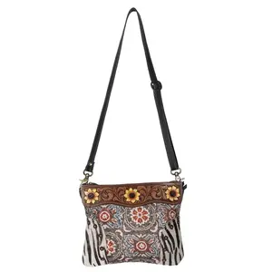 Ladies Hand Tooled Carved Antique Finish Cowhide Leather Bag with YKK Zipper & Suede Strap Western Heritage Design Vegetable Tanned Genuine Cowhide Leather Hand Washed Vintage Print 100% Cotton Canvas Fabric