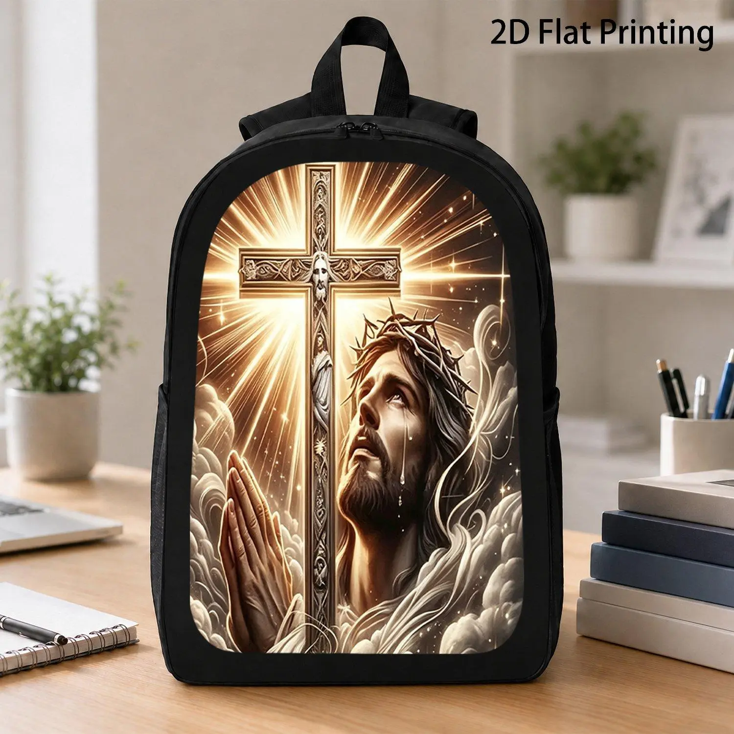 1pc Jesus Cross Print Backpack Lightweight Foldable Suitable for Teen &, Modifiable straps & Zipper Closure, Compact Bookbag for Gym, Travel, Church, Daily Commute with Religious