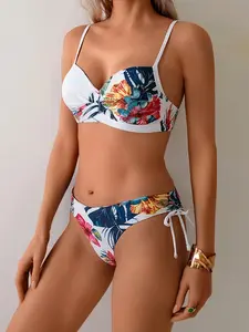 Women's Bikini Two-Piece Set, V-Neck Cross Knot Top, Low Waist Drawstring Swimwear, Tropical Floral Print, Sweet Elegant Style, Beach Vacation, Tropical Flower Bikini