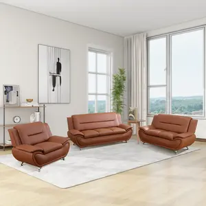 Bright Bronze Faux Leather 3-Piece Couch Living Room Sofa Set, Modern Comfy Upholstered Furniture for Apartment Office, Space Saving Easy Assembly, Sturdy Durable Frame, Soft Cushion, Stylish Home Decor for Small & Large Spaces