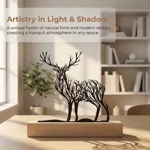 Minimalist Iron Deer Tree Sculpture, Black Silhouette Tabletop Decor, Natural Wood Base Ornament, Artistic Wildlife Metal Statue, Sophisticated Home Accent for Minimalist and Scandinavian Interiors