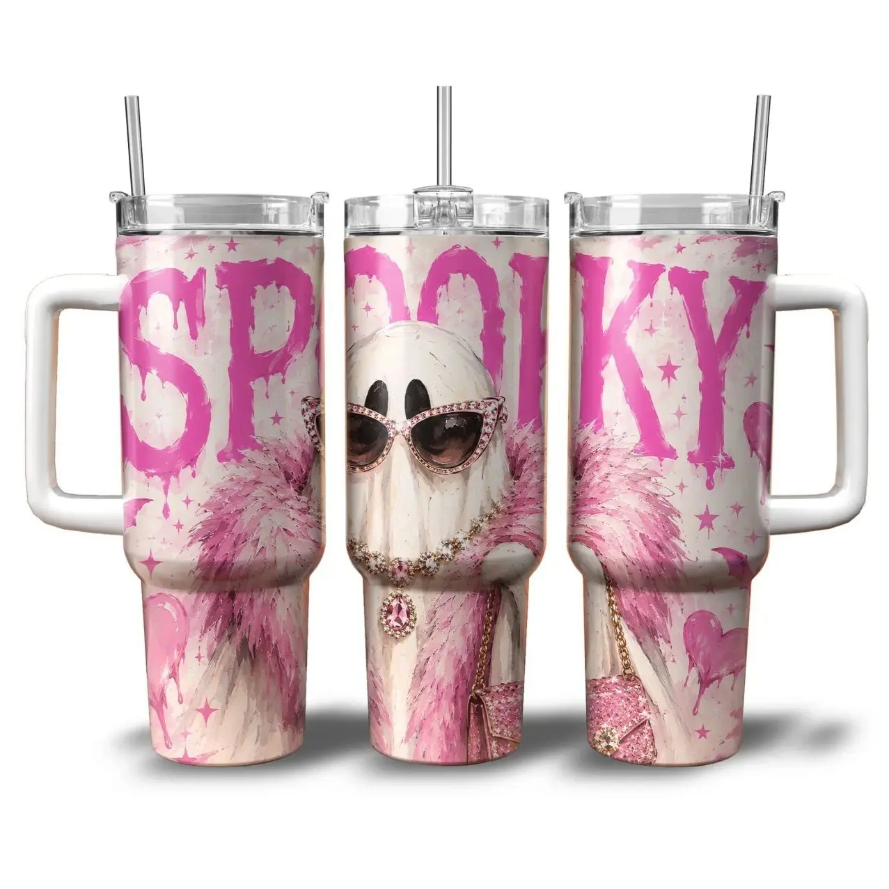 [MADE IN US] Vacuum Insulated Tumbler Boujee Pink Ghost Spooky with Lid and Straw - Stainless Steel Travel Coffee Mug Double Wall Hot & Cold Drink Cup Leakproof Portable
