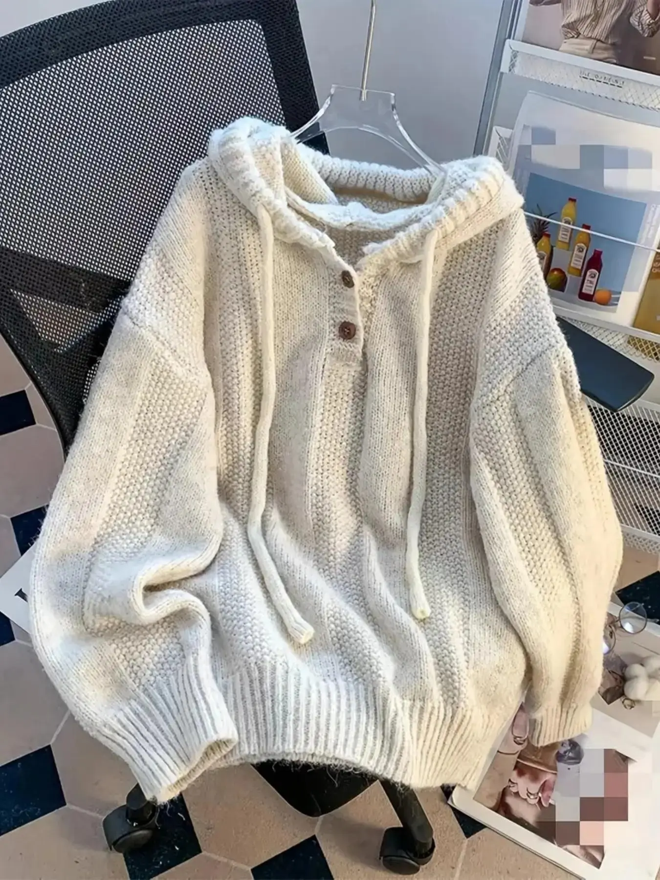 Women's Oversized Loose Baggy Hooded Button Up Adjustable Drawstring Long Sleeve Pullover Sweater Autumn/Winter Casual Solid Color Warm Thick Chunky Cozy Soft Jumper Top, Women Fall Outfit, Winter for Knit Outerwear