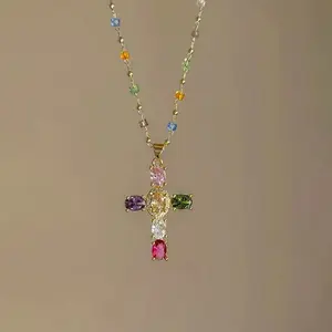 Lustermo Rainbow Cross Pendant Necklace - Dainty Multicolor Faith Cross Necklace,Vintage Glam & Y2K Vibes for Women Girls,Colorful Sparkle Perfect for Daily Outfits Church & Festivals
