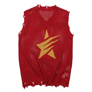 Grandclad Men's Sleeveless Knit Hollow Out Knit Tank Stylish Pullover Workout Tanktop Vest Red