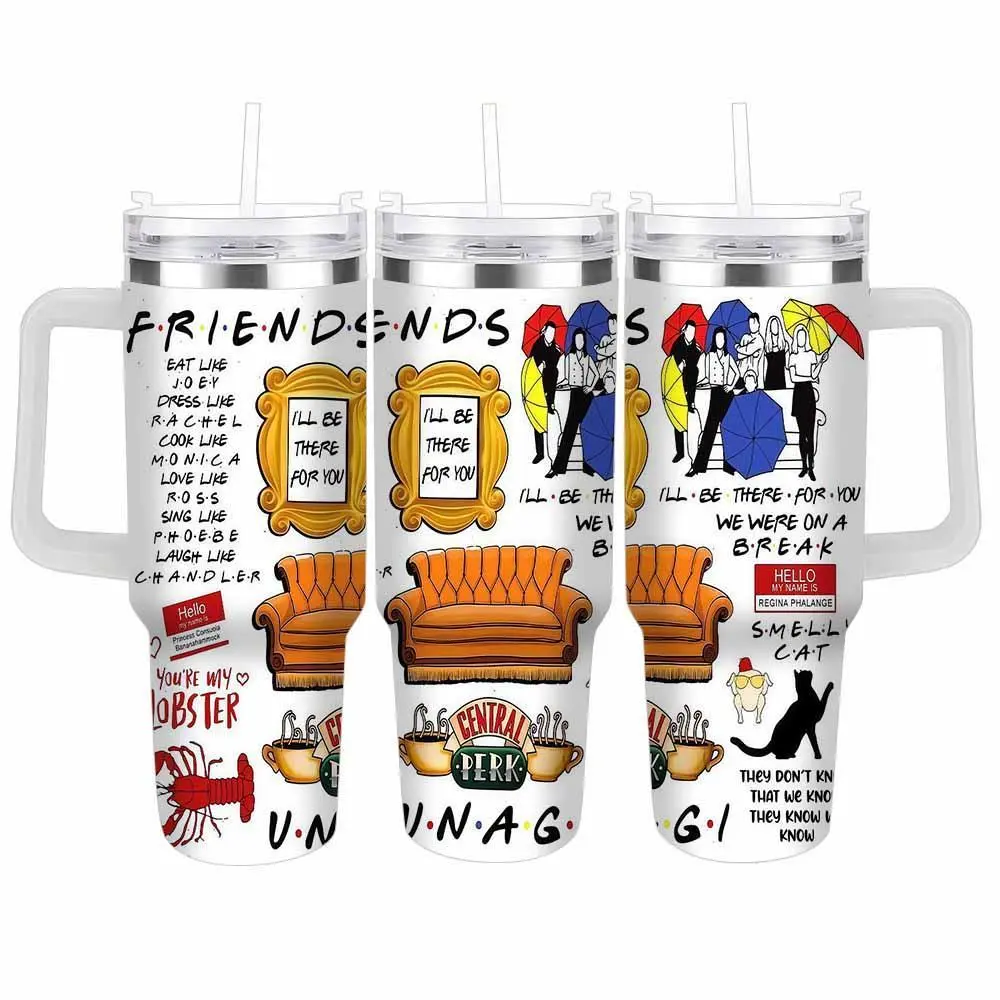 Friends TV Show Theme Stainless Steel Insulated Flask Tumbler (20oz/30oz/40oz) - Central Perk Coffee Couch Illustration, Funny Quote, Unagi Lobster Design, Straw, Lid, Durable, Drink-Friendly Insulation, Ideal for Office, Travel Gift, Flasks, Double Wall