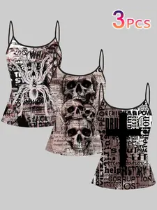 Gothic Vintage Newspaper Skull Spider Print Straps, Dark Punk Girl Slim Fit Top Set of Three, Casual Sleeveless Clothing