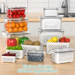 6/4-Pack Leakproof Produce Storage Containers for Fridge with Removable Colanders & Lids 4 in 1 Fridge Organizer for Salad Berry Lettuce Vegetables Meat