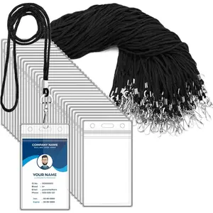 100pcs Clear Plastic Vertical ID Card Holders with Black Lanyards & Swivel Hooks - Durable Name Tag Holders with Multiple Slots for School, Office, Events - Secure Attachment for Badges, Name Tags, Access Cards - Ideal for Conferences, Tradeshows