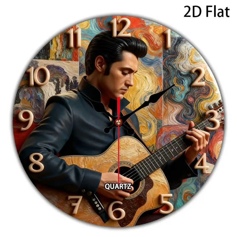 2D flat design. 1 piece set. Artistic oil painting style Elvis guitar clock, silent decorative clock, creative clock, suitable for bedroom, living room, and office decoration, 25/30cm (excluding AA batteries), 2D flat version