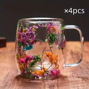 4pcs, 12oz/350ml, Reusable Glass Cups, Durable And Beautiful Hot And Cold Drink Cups, Breakfast Milk Cups, Tea Water Cups, Best Choice For Gifts, Very Suitable For Home Or Office Use