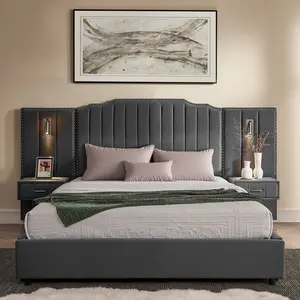 Queen Size Bed Frame with Storage, Velvet Upholstered Queen Platform Bed with Bedside Tables, Channel Tufted Headboard & Adjustable Reading Lamp for Bedroom, No Box Spring Needed, Gray