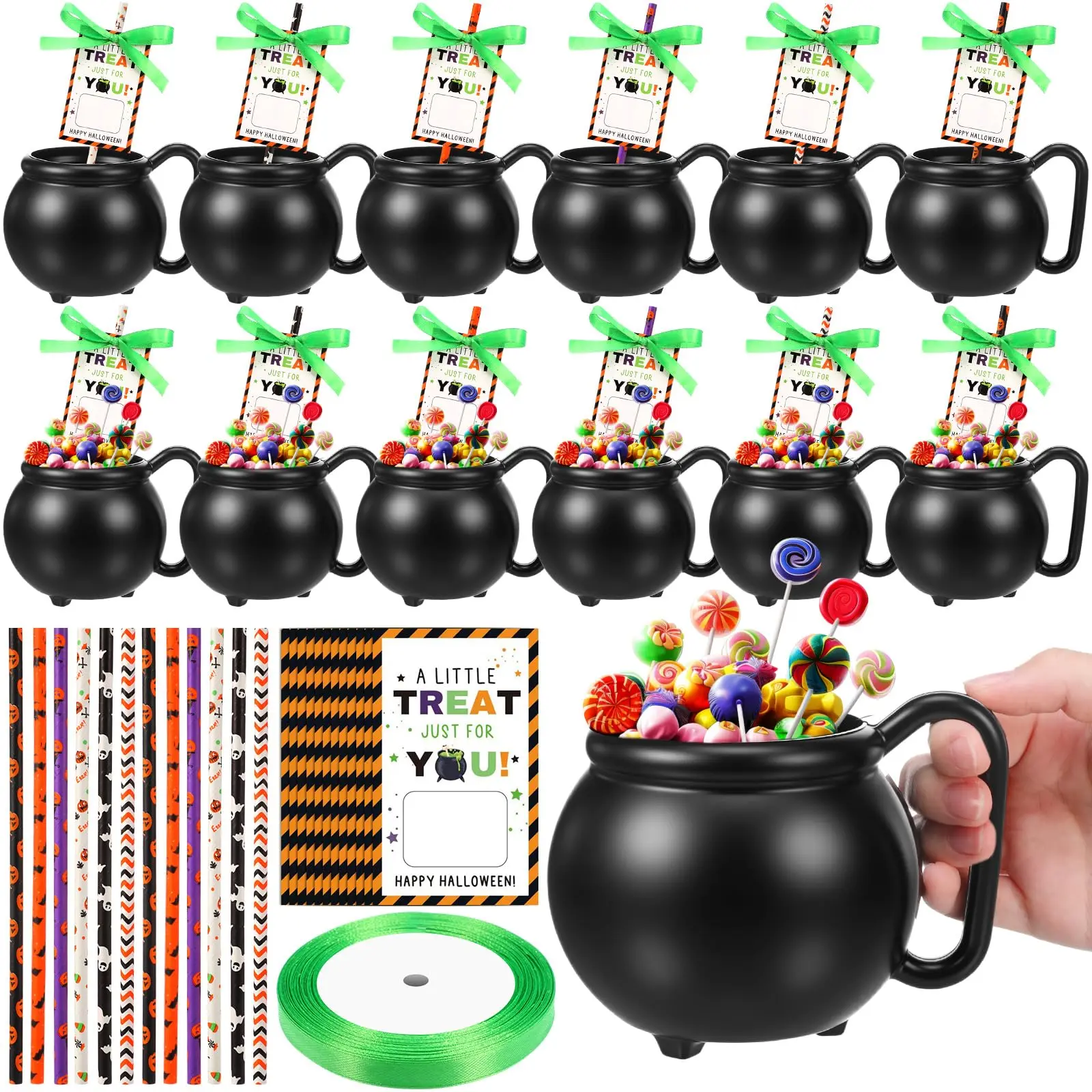 12/24 Sets Halloween Cauldron Mugs Halloween Witch Themed Party Favors 15 oz Candy Pots Cups Black Plastic Witch Mug with Paper Straws for Drinks Halloween Treat or Trick Candy Gifts Boys Girls Spooky Season Party Favors Supplies Decors