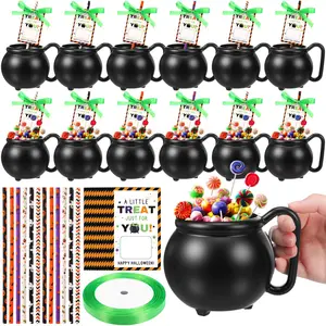 12/24 Sets Halloween Cauldron Mugs Halloween Witch Themed Party Favors 15 oz Candy Pots Cups Black Plastic Witch Mug with Paper Straws for Drinks Halloween Treat or Trick Candy Gifts Boys and Girls Party Favors Supplies Decors