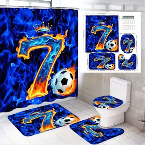 4pcs Flaming Number 7 Soccer Bathroom Set with Electric Blue Flame Design, Bold Sports Theme Shower Curtain and Coordinated Toilet Seat Cover, Tank Lid, and Bath Mats – Perfect for Soccer Fans and Festive Game Day Decor