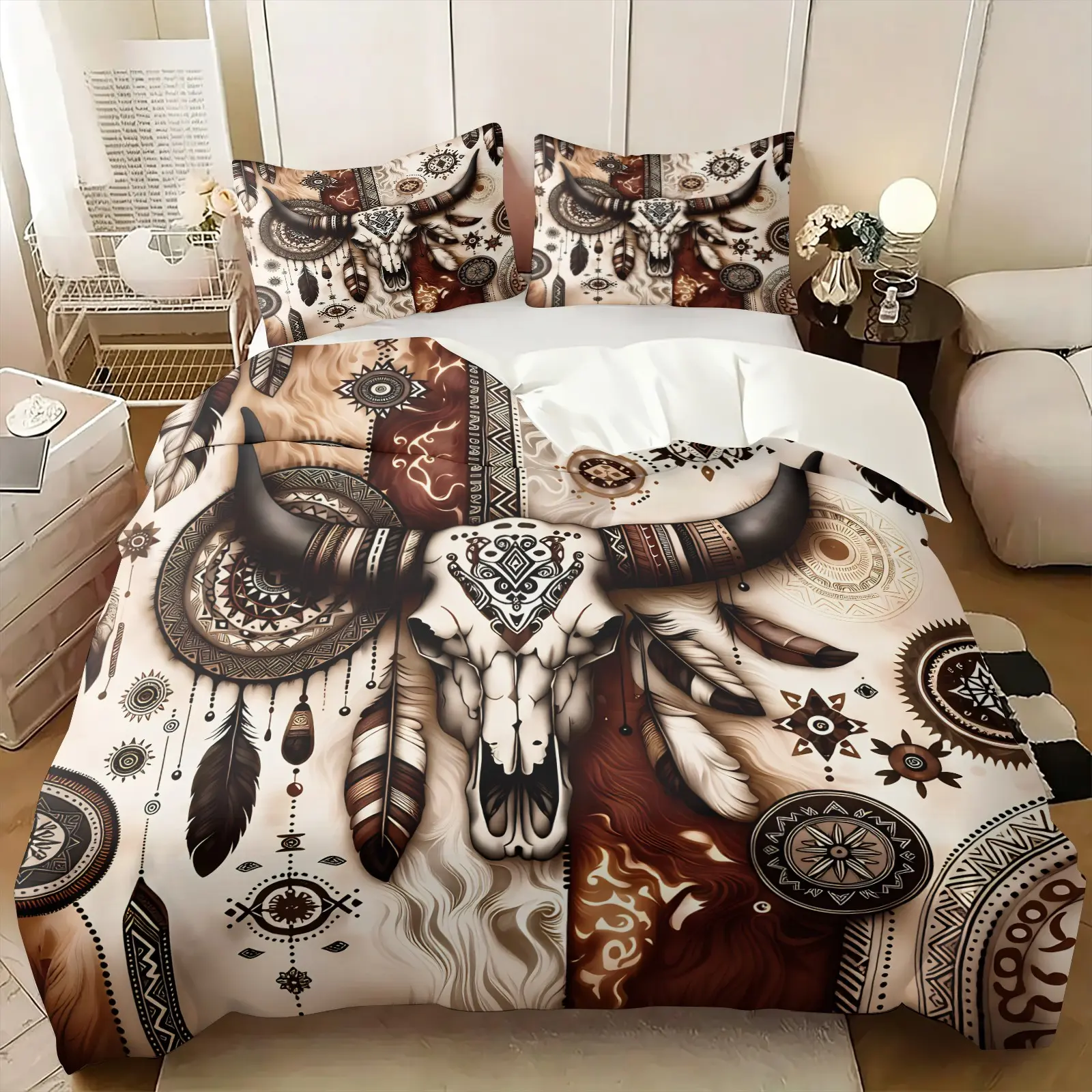 Vintage Boho Bull Skull Duvet Cover Set, Include One Quilt Cover and 1/2 Pillowcases, Tribal Feather & Geometric Pattern Comforter Cover, Artistic Soft Skin-friendly Bedroom Decor Bedding